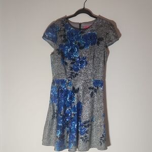 Betsey Johnson Gray and Blue Floral Patterned Dress, Size 12